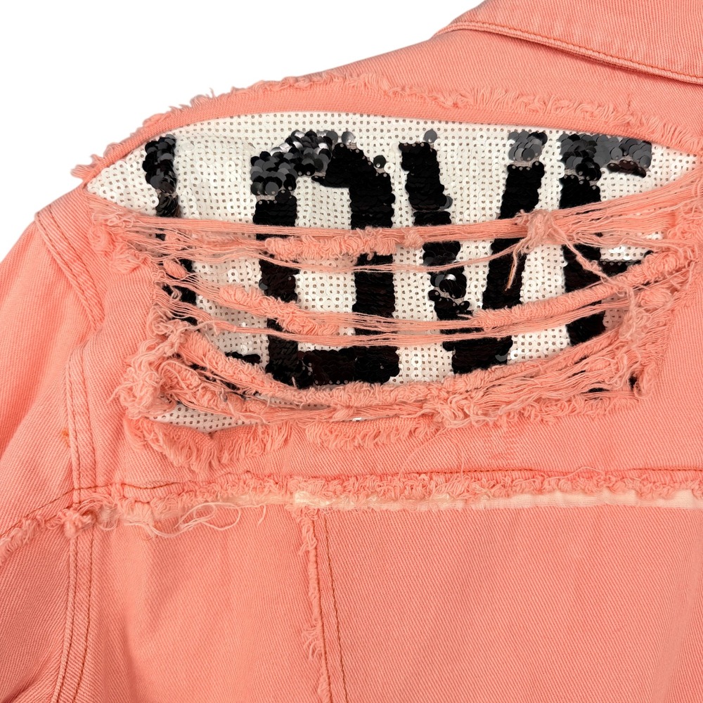 POL Denim Jacket Womens Large Peach Distressed Sequin Love Cropped Frayed - Picture 5 of 8